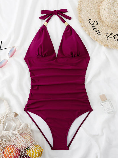 Womens Plunge Halter One Piece Swimsuit SIZE S-XL