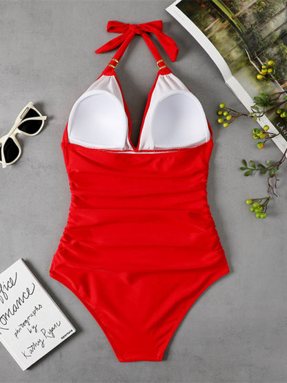 Womens Plunge Halter One Piece Swimsuit SIZE S-XL