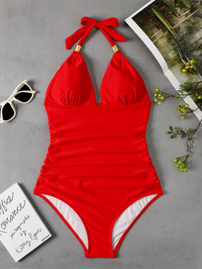 Womens Plunge Halter One Piece Swimsuit SIZE S-XL