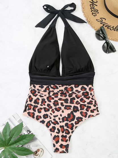 Womens One Piece Halter Color Block Belly Covering bikini SIZE S-XL