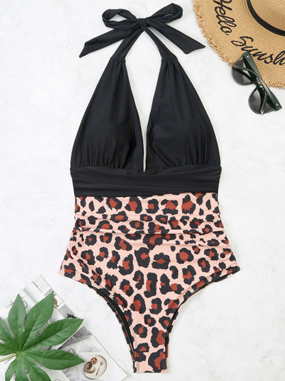 Womens One Piece Halter Color Block Belly Covering bikini SIZE S-XL