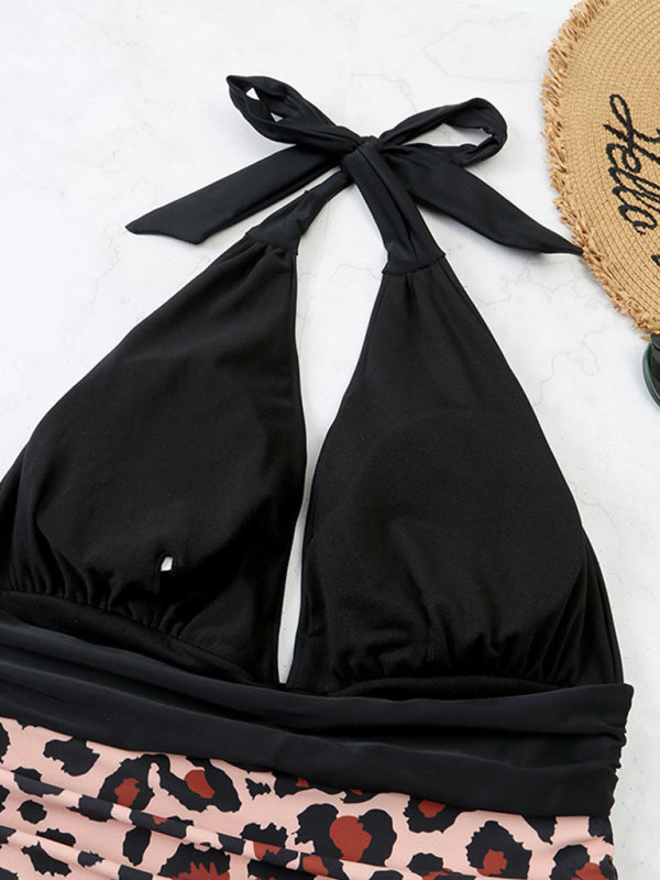 Womens One Piece Halter Color Block Belly Covering bikini SIZE S-XL
