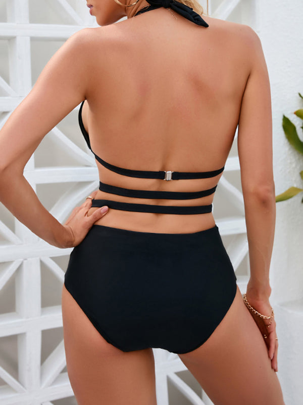 Womens Solid Color Side Straps Cut Out One Piece Swimsuit SIZE S-XL